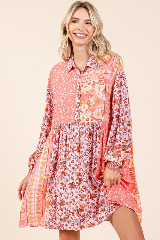 Mittoshop Floral Button Detail Long Sleeve Shirt Dress Coral Pink