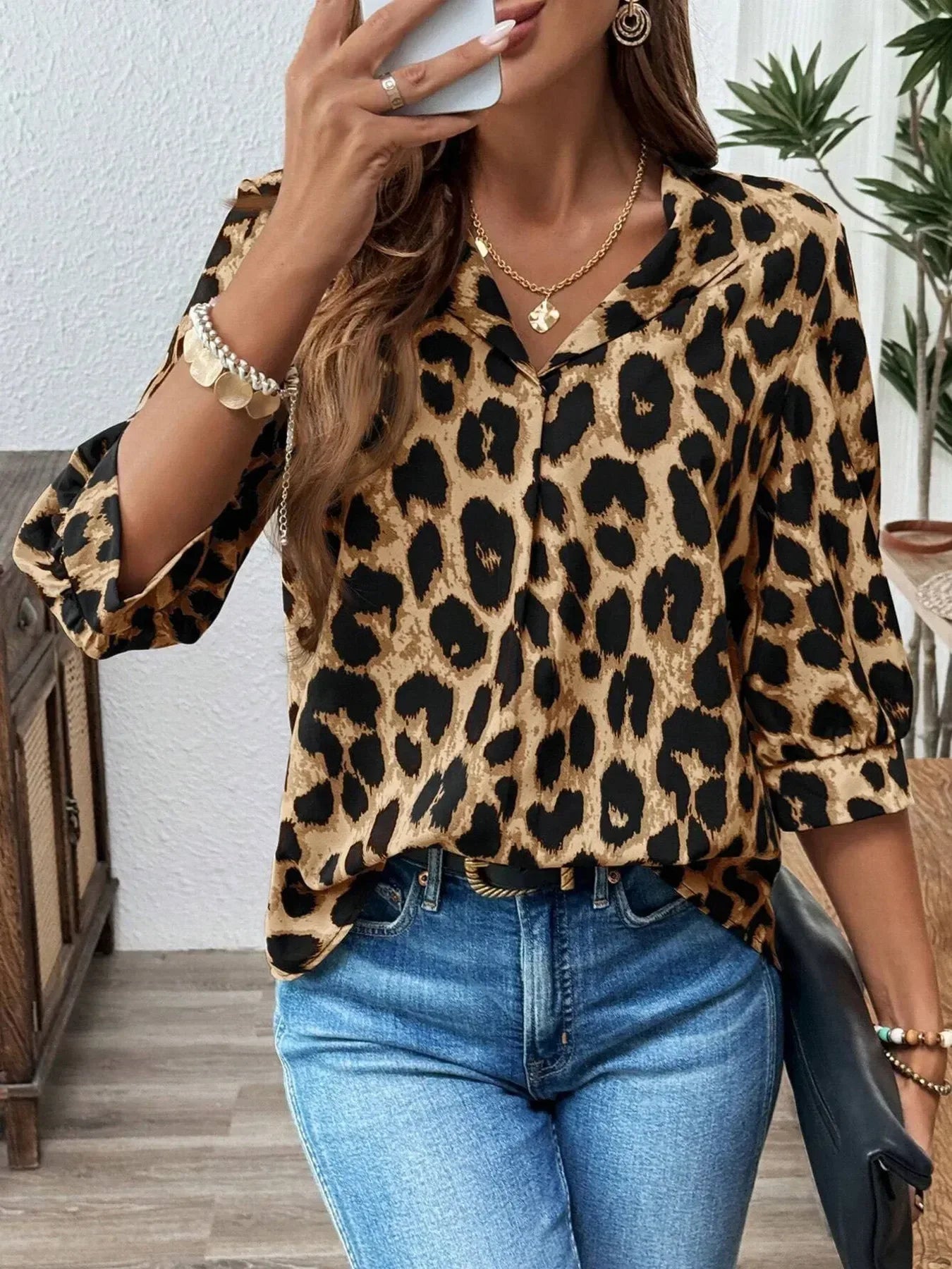 Leopard Print 3/4 Sleeve Blouse - DAVERRI FASHIONS