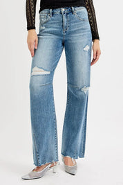 MEDIUM RISEN Full Size Mid Rise Fit Wide Baggy Leg Tie Washed Jeans Plus Size | Jeans Daverri Fashions
