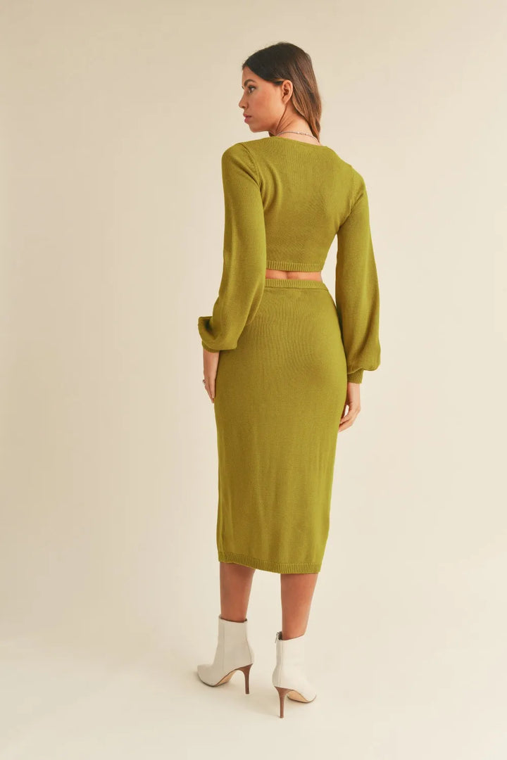 MABLE Front Twisted Knit Top and Midi Skirt Set Outfit Sets