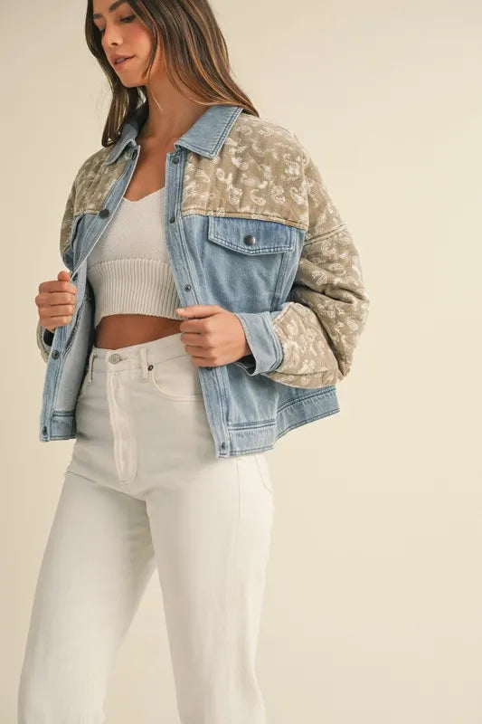 MABLE Quilted Paisley Print Contrast Denim Jacket