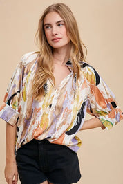 Annie Wear Multi Color Printed V-Neck Open Woven Blouse Top | Daverri Fashions