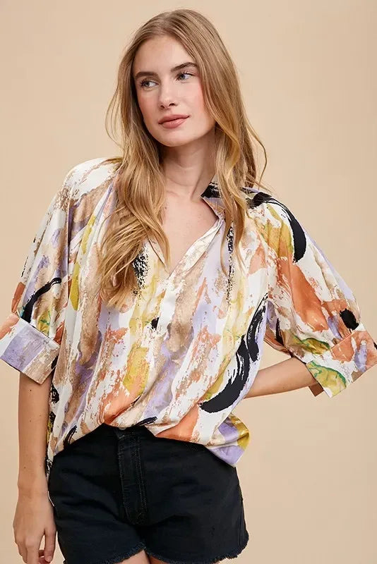 Annie Wear Multi Color Printed V-Neck Open Woven Blouse Top - DAVERRI FASHIONS