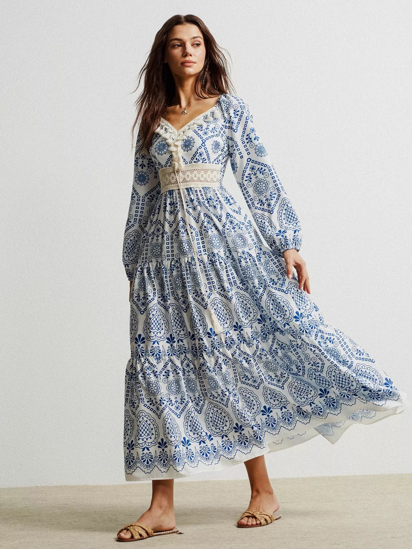 Anthropologie bohemian blue white floral midi dress with lace trim