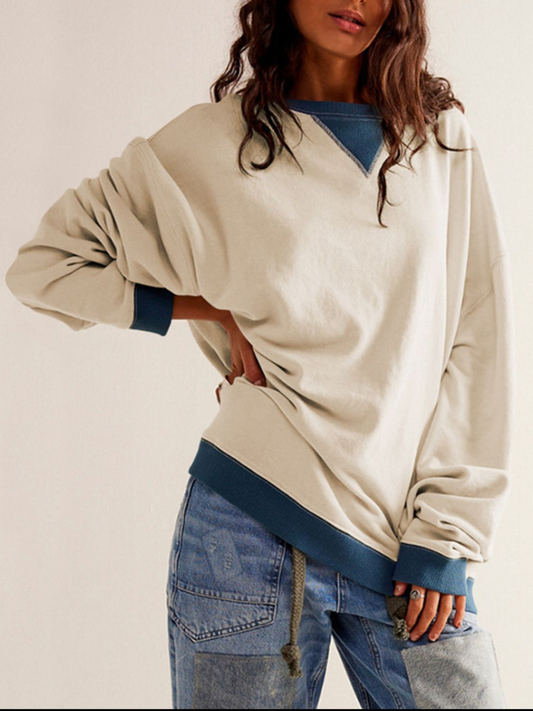 Contrast Trim Round Neck Long Sleeve Sweatshirt Beige Tops