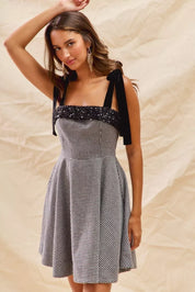 SO ME Houndstooth Fit Flare Mini Dress with Shoulder Tie | Mini Dresses Daverri Fashions