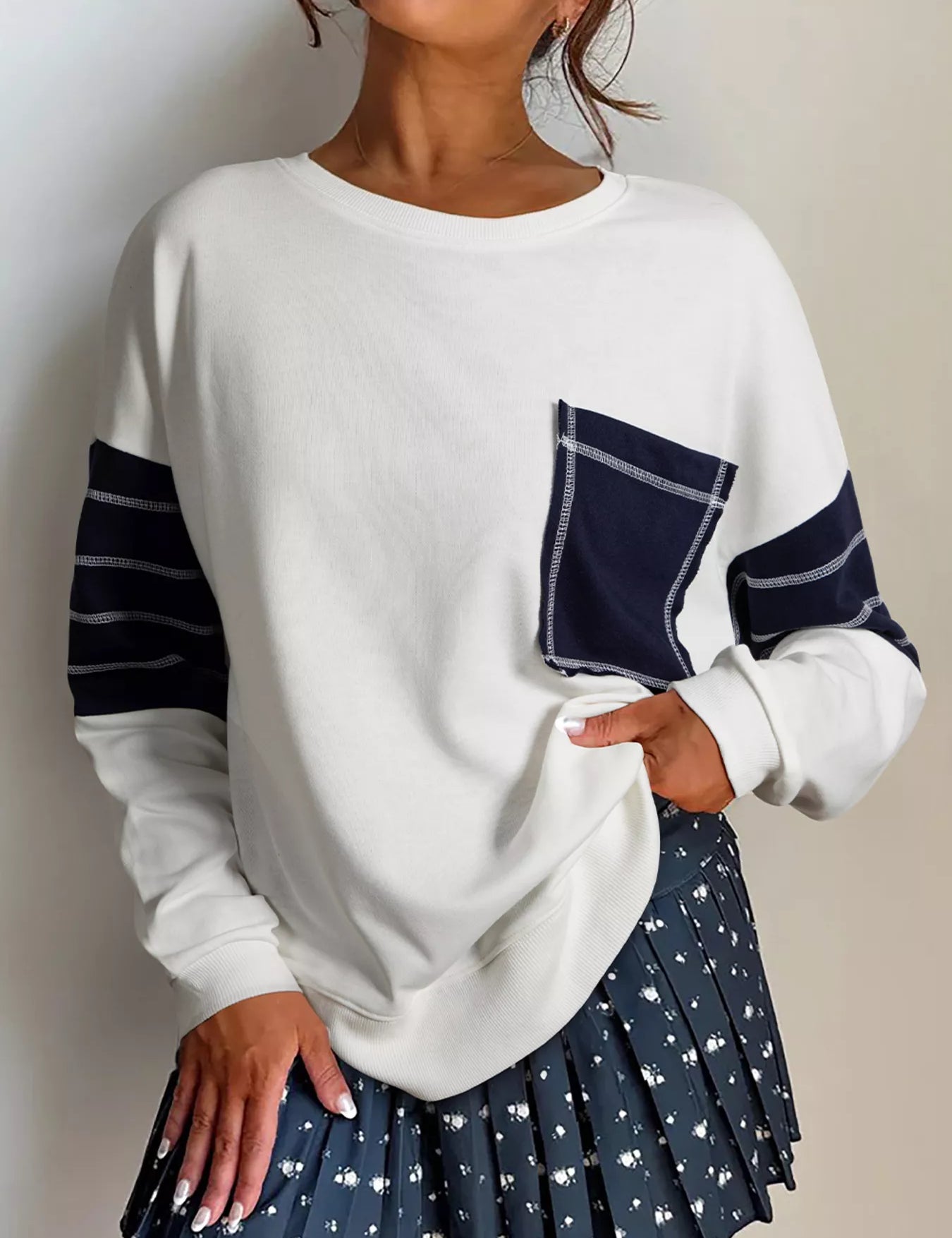 White Exposed Seam Detail Color Block Patch Pocket Drop Shoulder Sweatshirt | Sweatshirts Daverri Fashions
