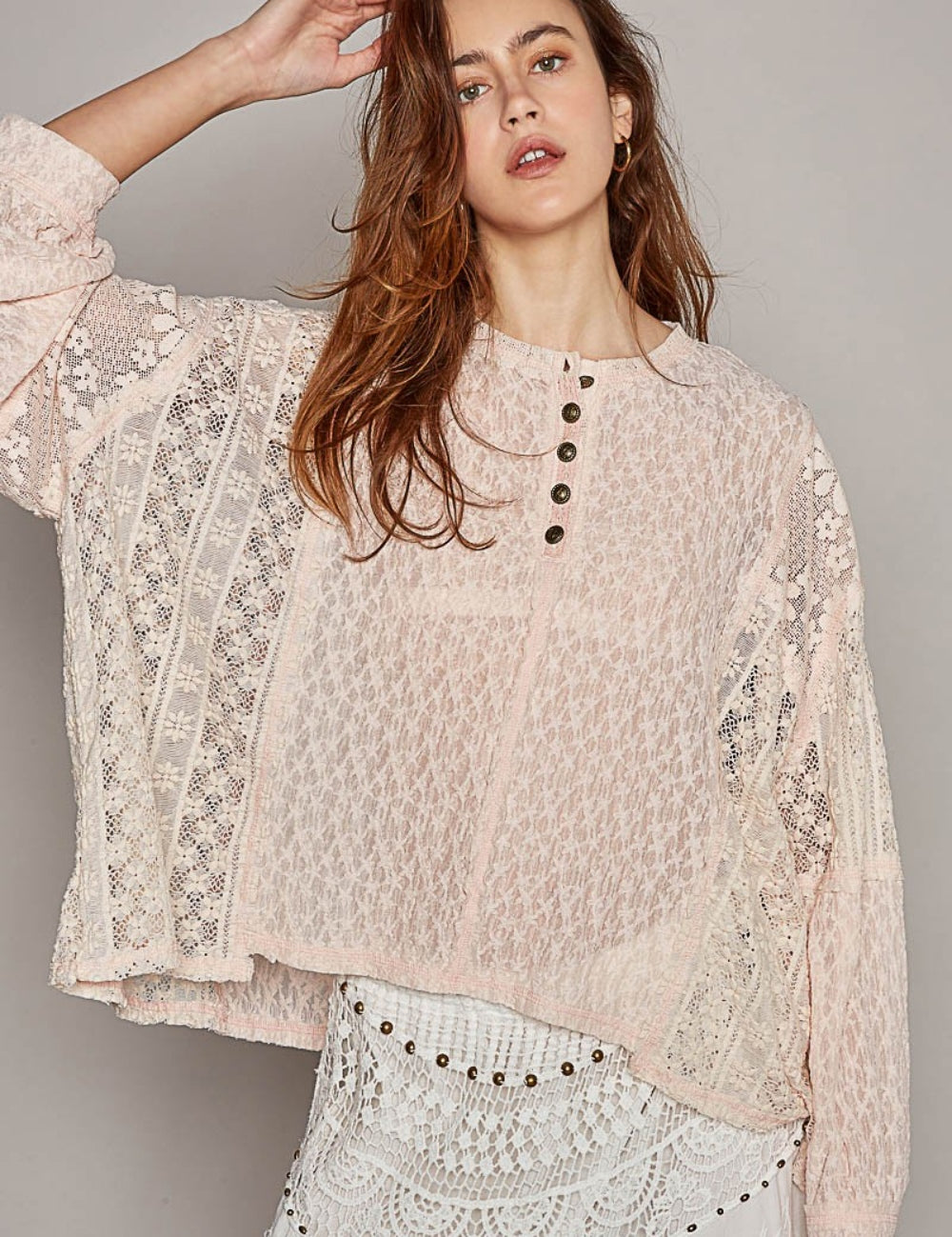 POL Round Neck Long Sleeve Raw Edge Lace Top Blush