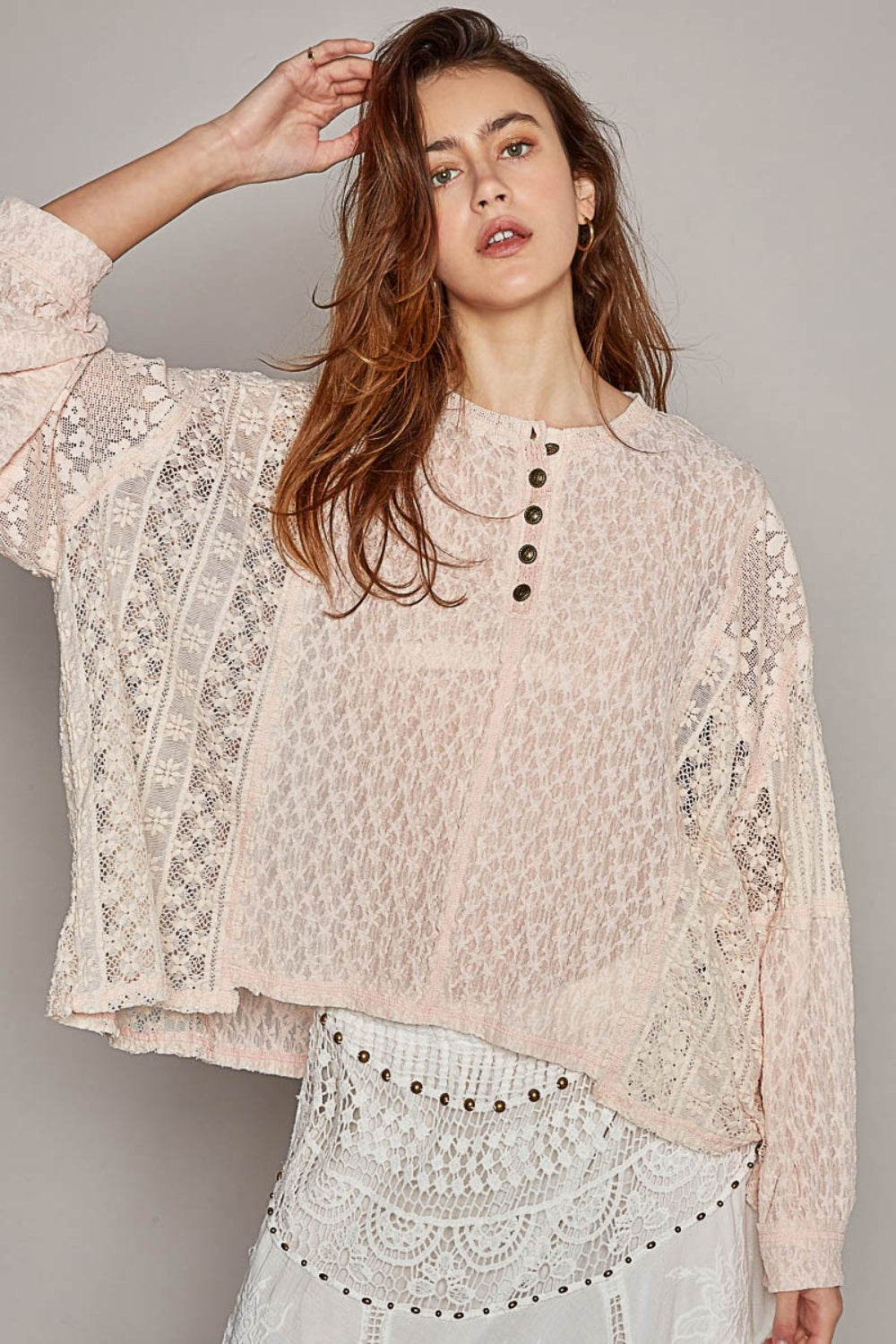 POL Round Neck Long Sleeve Raw Edge Lace Top Blush