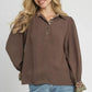 Umgee Half Button Blouse with Leopard Print Trim - DAVERRI FASHIONS