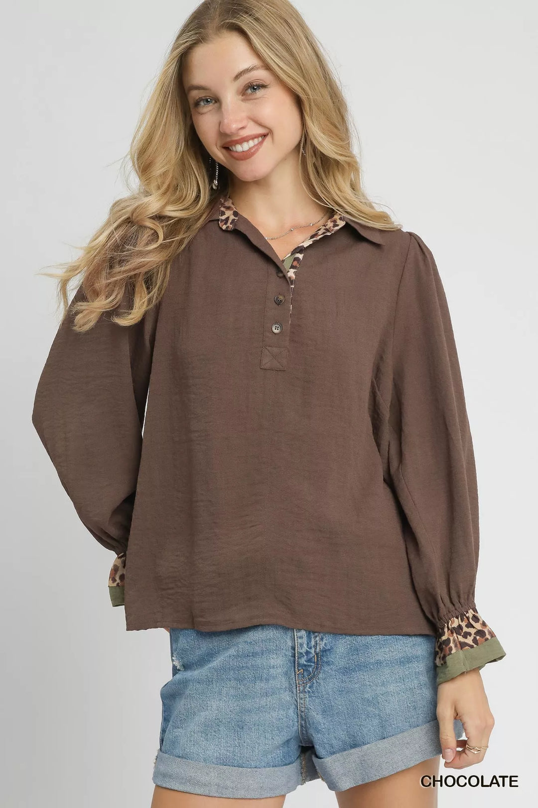 CHOCOLATE Umgee Half Button Blouse with Leopard Print Trim | Daverri Fashions