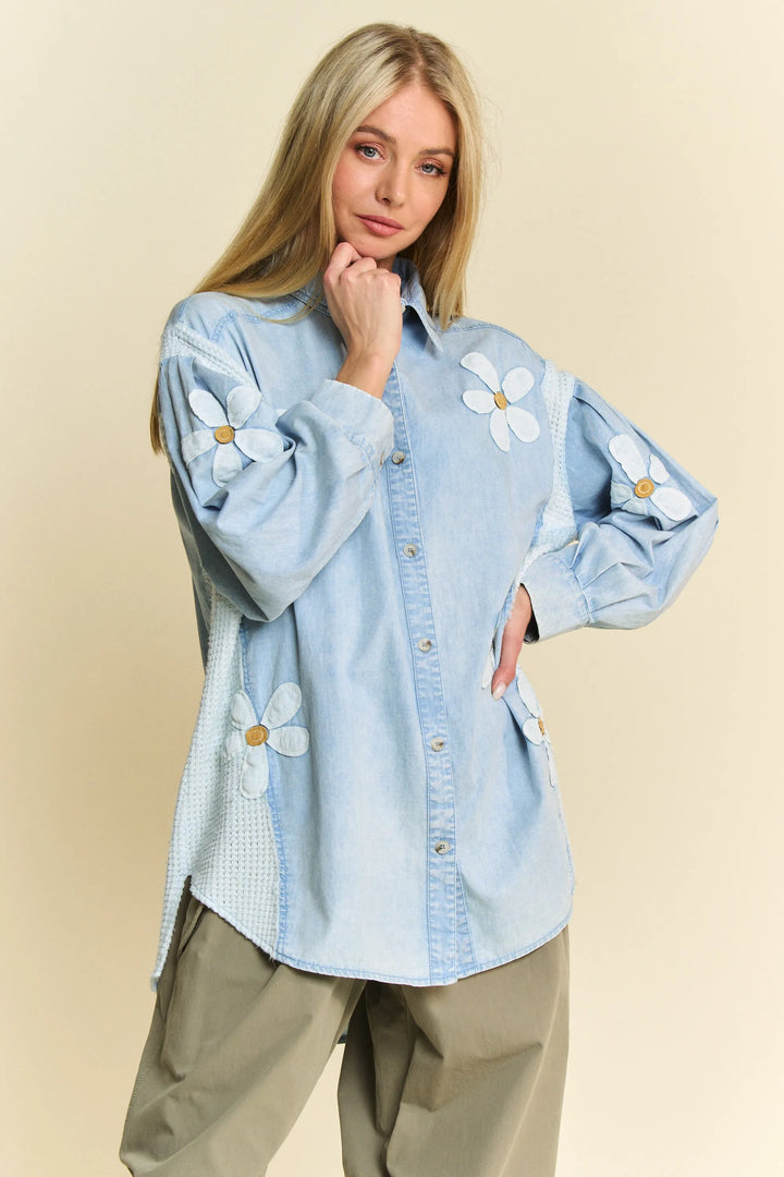 Davi & Dani Lightweight Washed Daisy Patch Waffle Knit Shirt LIGHT DENIM Shirts