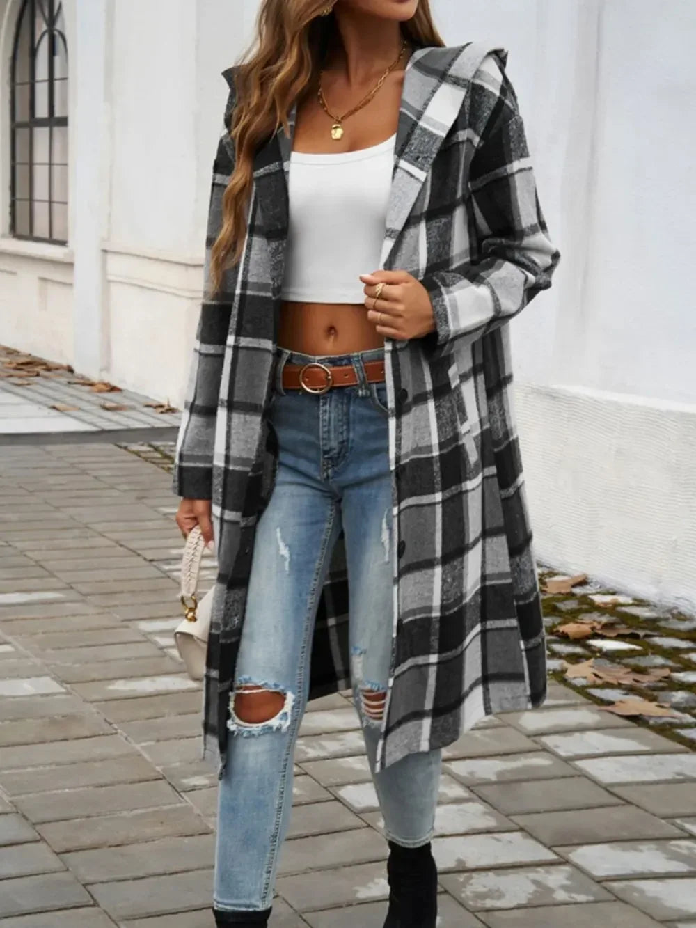 Devine Plaid Long Sleeve Hooded Coat - DAVERRI FASHIONS