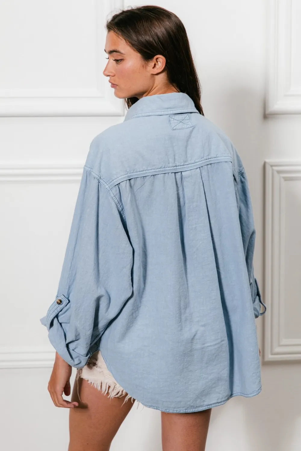 Light blue oversized denim jacket with rolled sleeves, BiBi style