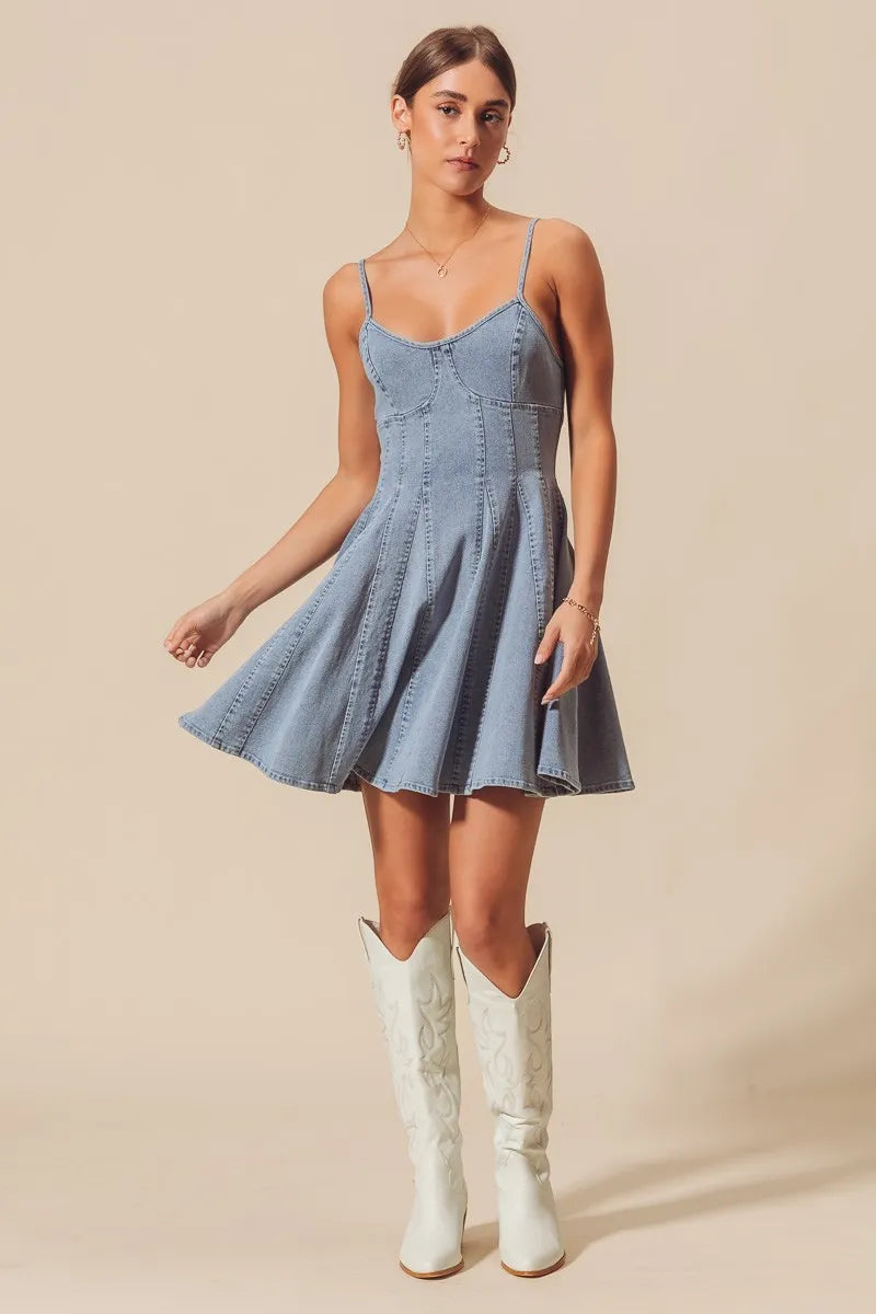 SO ME A-line fit and flare light-wash denim mini dress