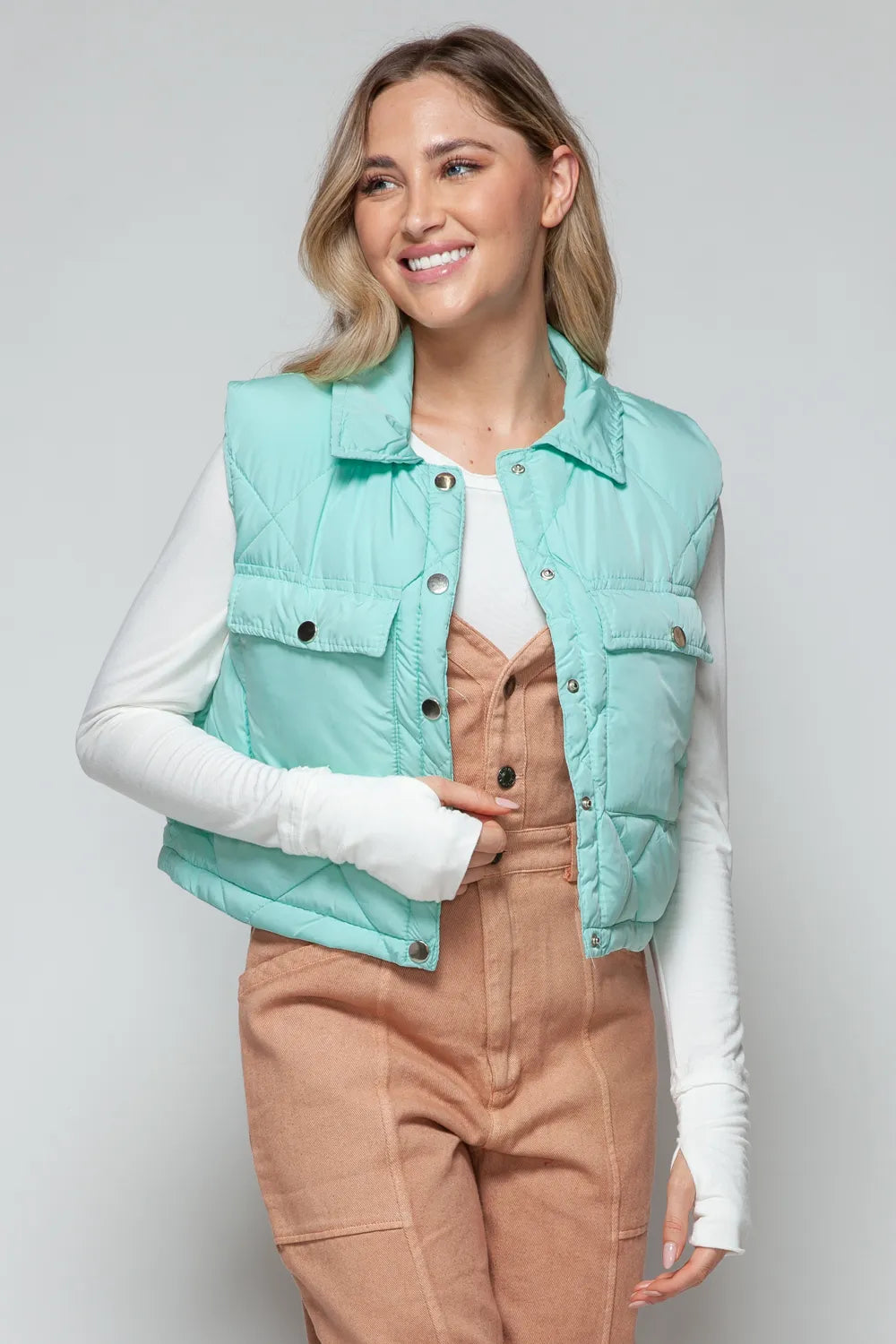 Green Snobbish Snap Down Quilted Crop Vest | Vest Jackets Daverri Fashions