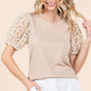 Mittoshop round neck beige top with sheer floral puff sleeves
