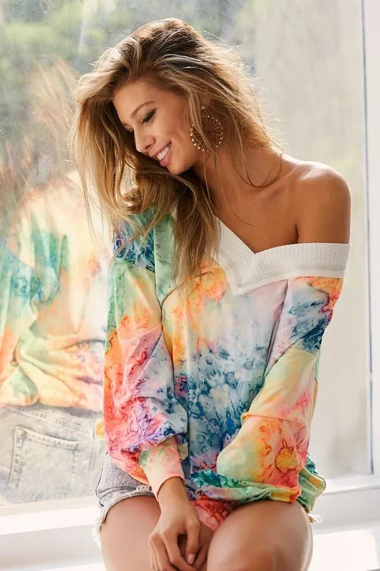 BiBi Tie Dye Soft Knit Jersey V-Neck Top Tops