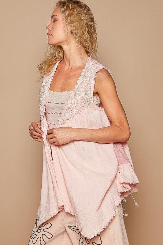 POL Embroidered Pearls Open Front Sleeveless Cardigan Cardigans
