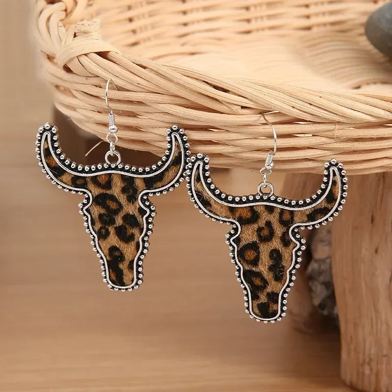 Alloy Animal Print Cow Head Earrings - DAVERRI FASHIONS