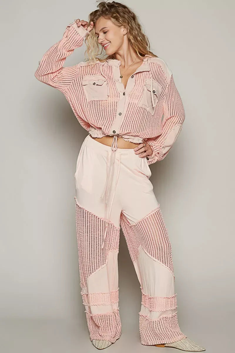 POL Texture Woven Button Down Hooded Shirt with Drawstring Hem - DAVERRI FASHIONS