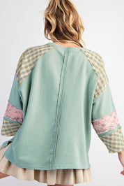 Beige Plaid Floral Peace Heart Graphic Wide Long Sleeve Top