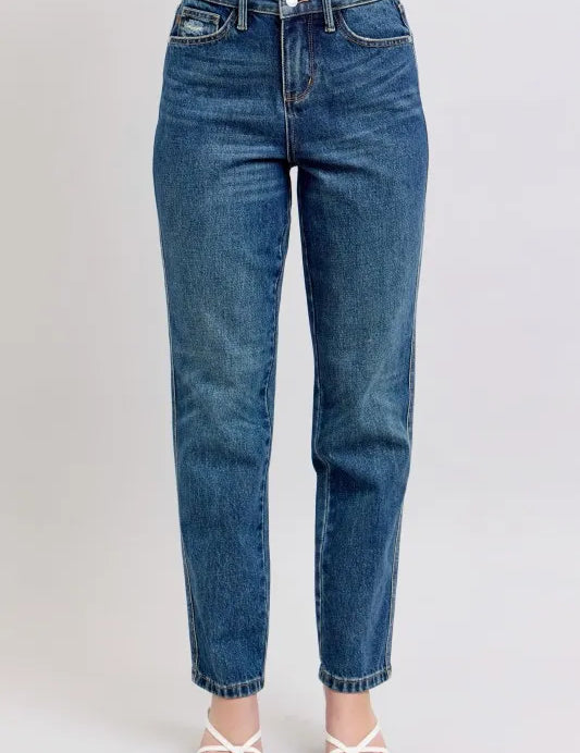 Dark Judy Blue Full Size High Waisted Rigid Magic Non-destroy Straight Leg Jeans Plus Size | Jeans Daverri Fashions