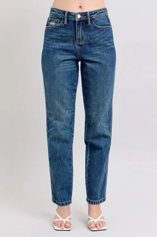 Dark Judy Blue Full Size High Waisted Rigid Magic Non-destroy Straight Leg Jeans Plus Size | Jeans Daverri Fashions