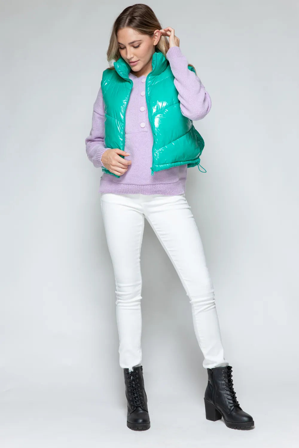 Snobbish Zip Up Turtleneck Shiny Quilted Vest | Vest Jackets Daverri Fashions