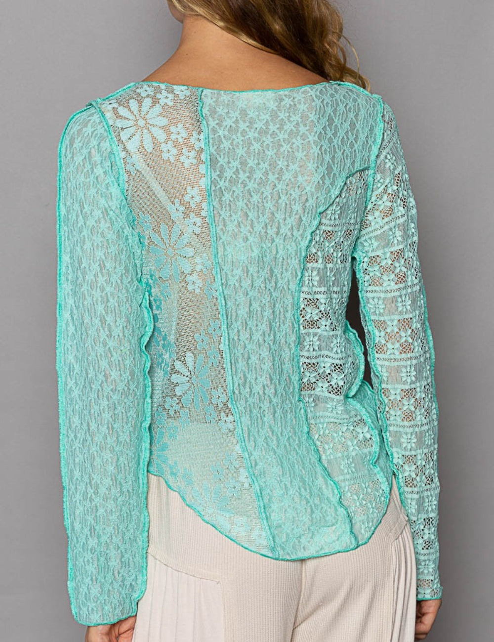 POL Exposed Seam Long Sleeve Lace Knit Top