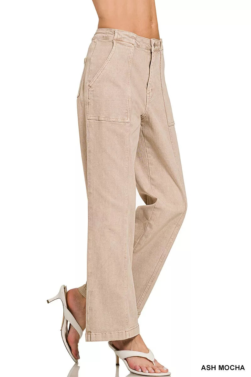 Ash mocha wide-leg cargo pants with relaxed fit and stitching details