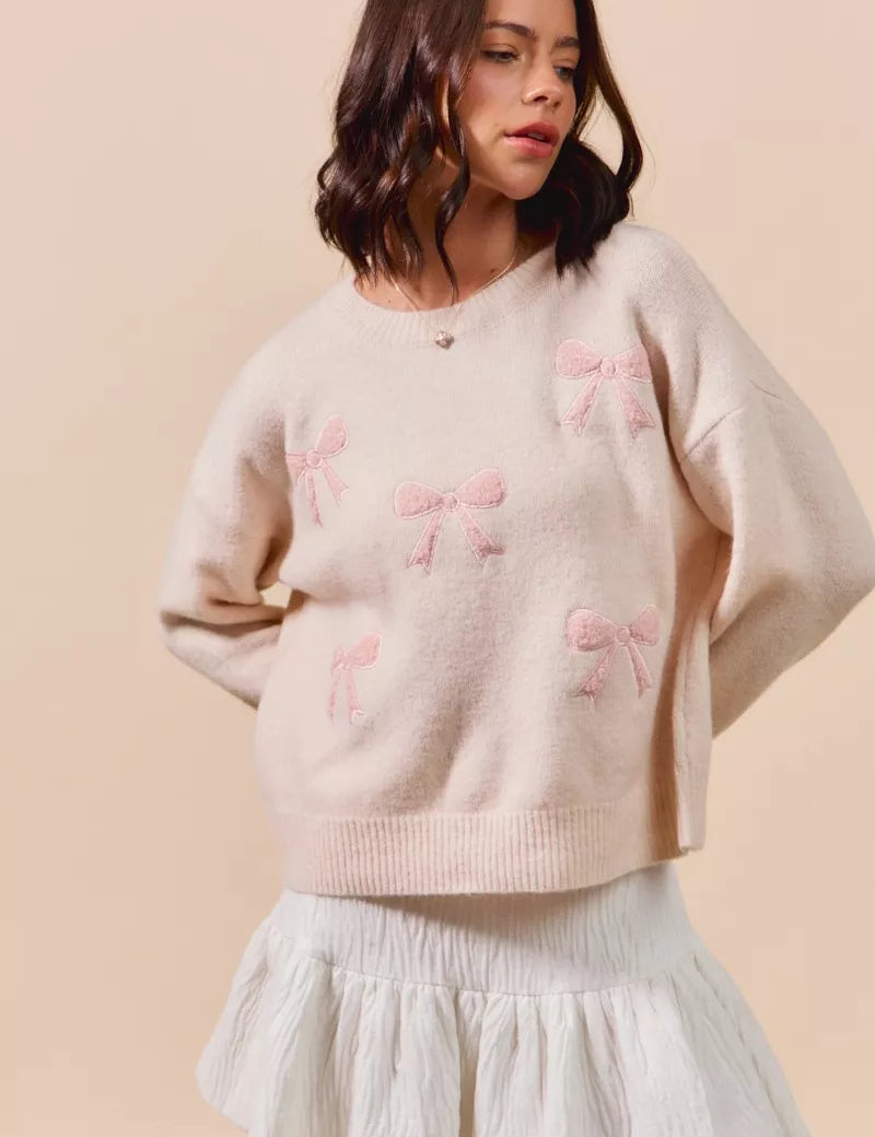 BLUSH SO ME Embroidered Ribbon Round Neck Sweater | Sweaters Daverri Fashions