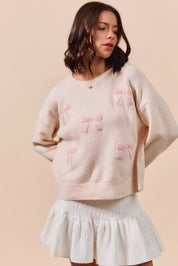 BLUSH SO ME Embroidered Ribbon Round Neck Sweater | Sweaters Daverri Fashions