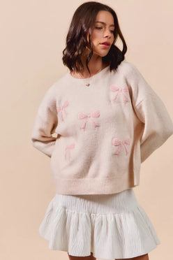 SO ME cream knit sweater with pink embroidered bows