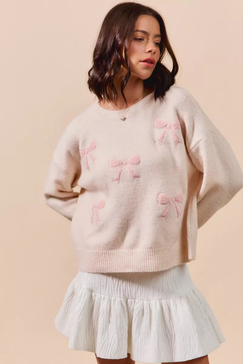 SO ME cream knit sweater with pink embroidered bows