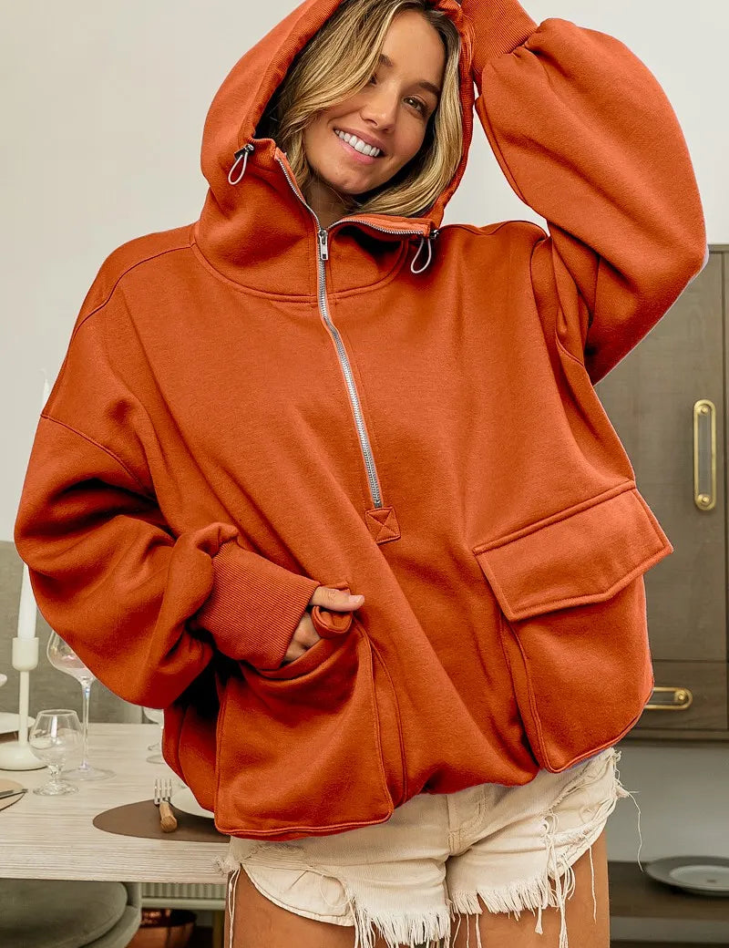 VINTAGE RUST BiBi Half Zip Vintage Washed Fleece Hoodie | Hoodies Daverri Fashions