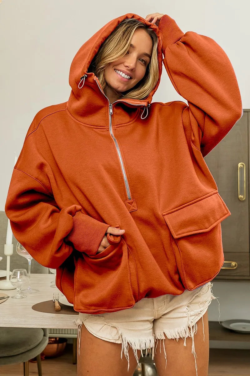 BiBi Half Zip Vintage Washed Fleece Hoodie VINTAGE RUST Hoodies