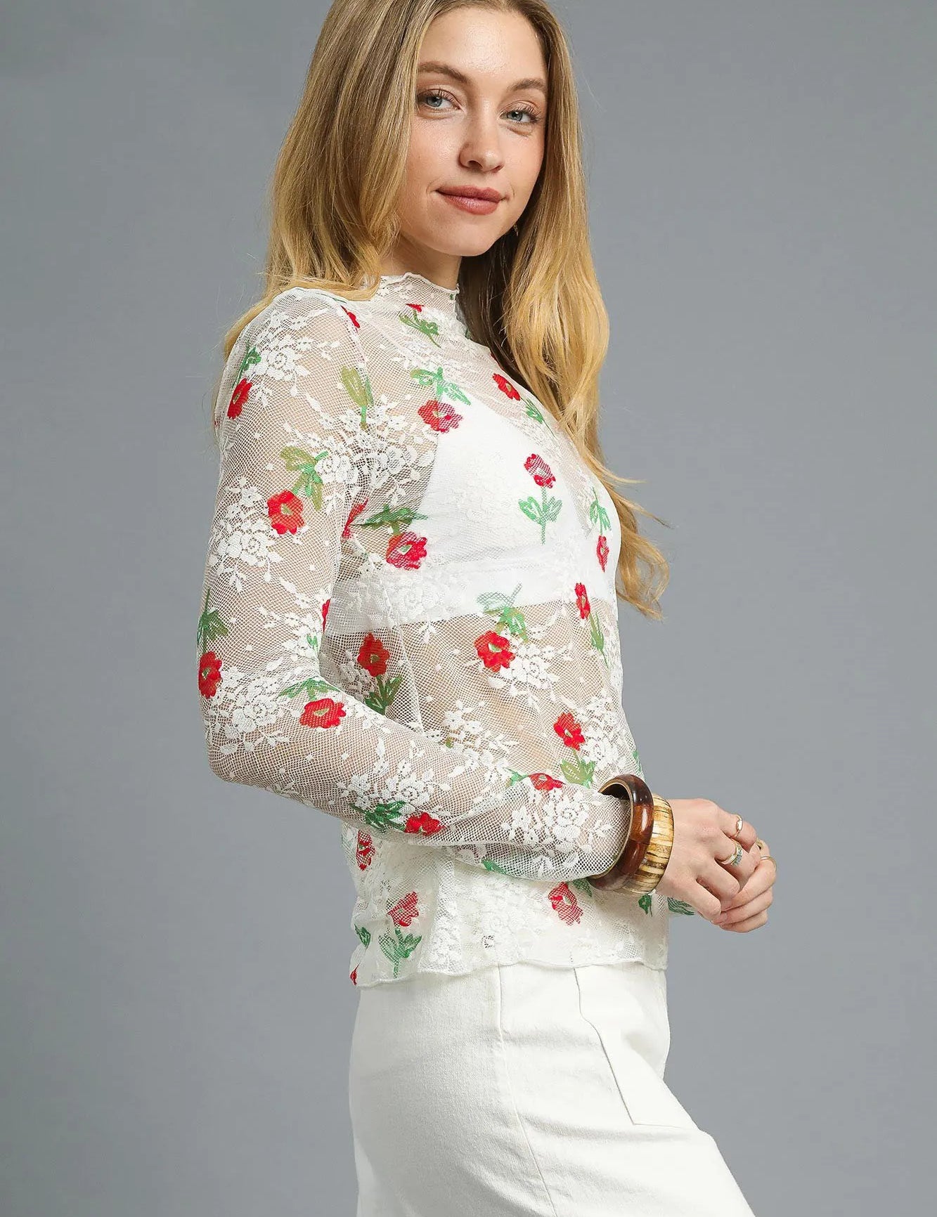 Umgee Floral Mock Neck Long Sleeve Sheer Top | Tops Daverri Fashions