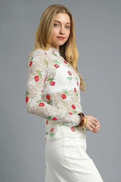 Umgee Floral Mock Neck Long Sleeve Sheer Top - DAVERRI FASHIONS