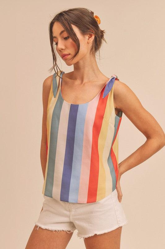 Aemi + Co Contrast Striped Scoop Neck Tie Shoulder Tank Tank Tops
