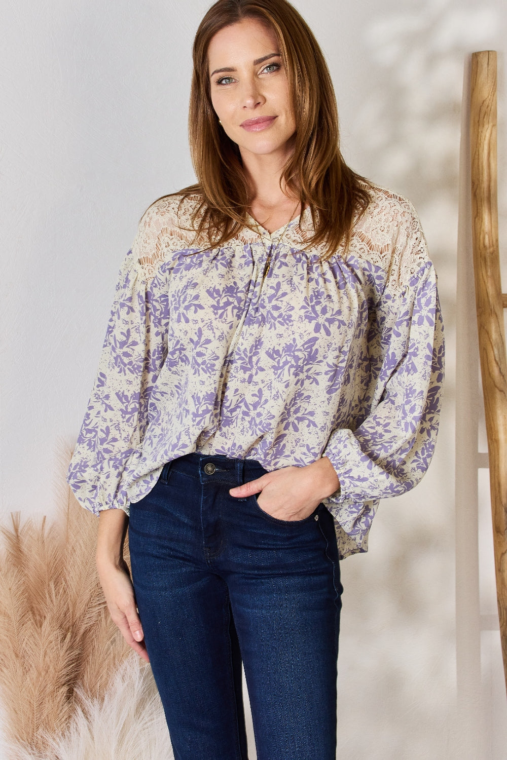 Hailey & Co Full Size Lace Detail Printed Blouse LILAC