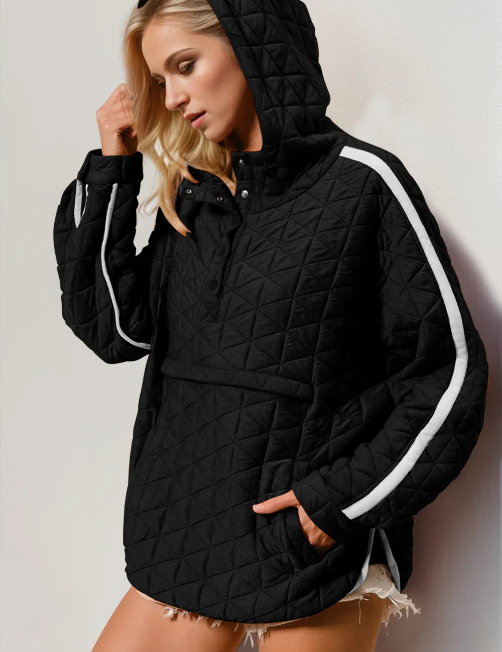 Black Contrast Trim Long Sleeve Half Snap Texture Hoodie with Pocket | Hoodies Daverri Fashions