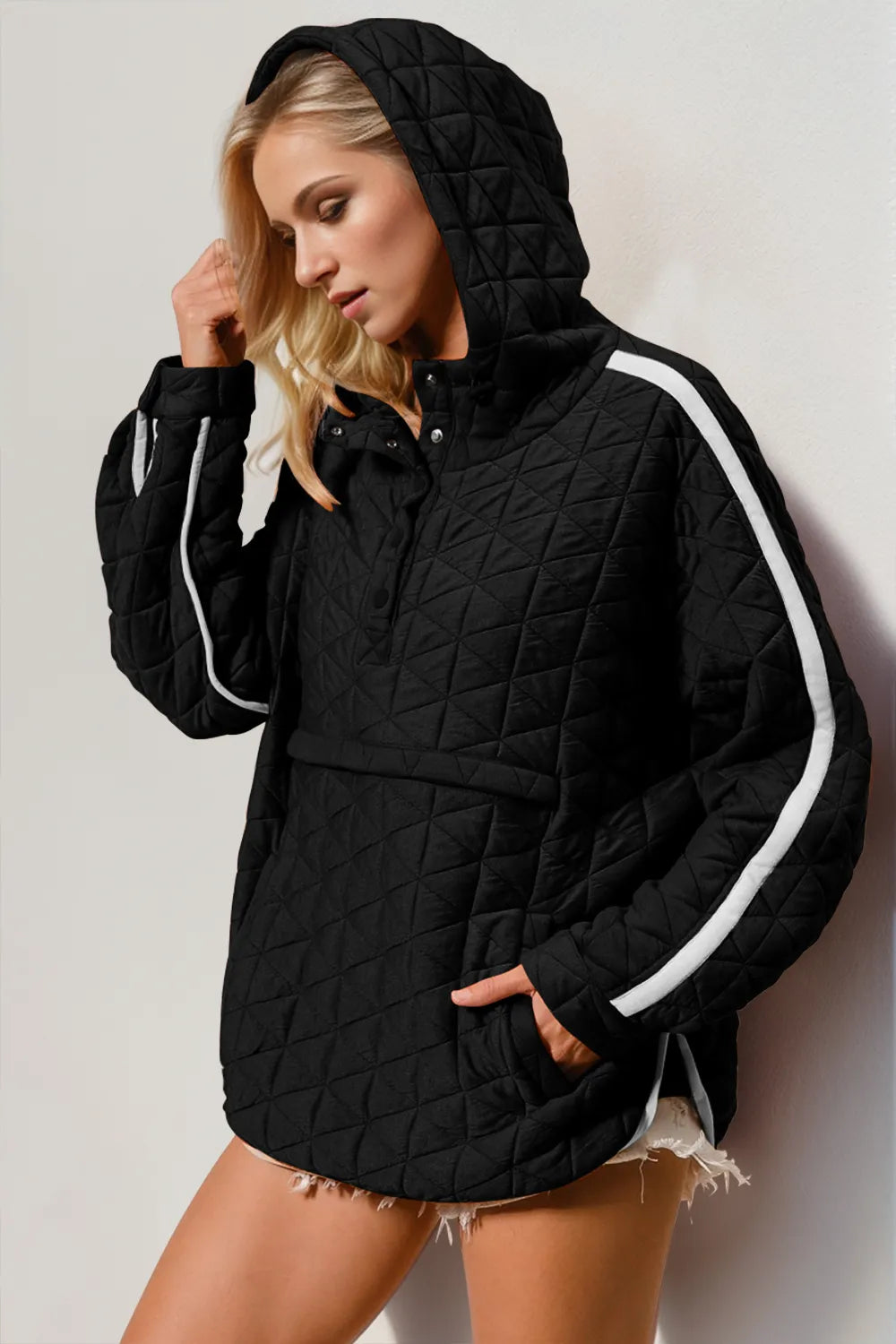 Black Contrast Trim Long Sleeve Half Snap Texture Hoodie with Pocket | Hoodies Daverri Fashions