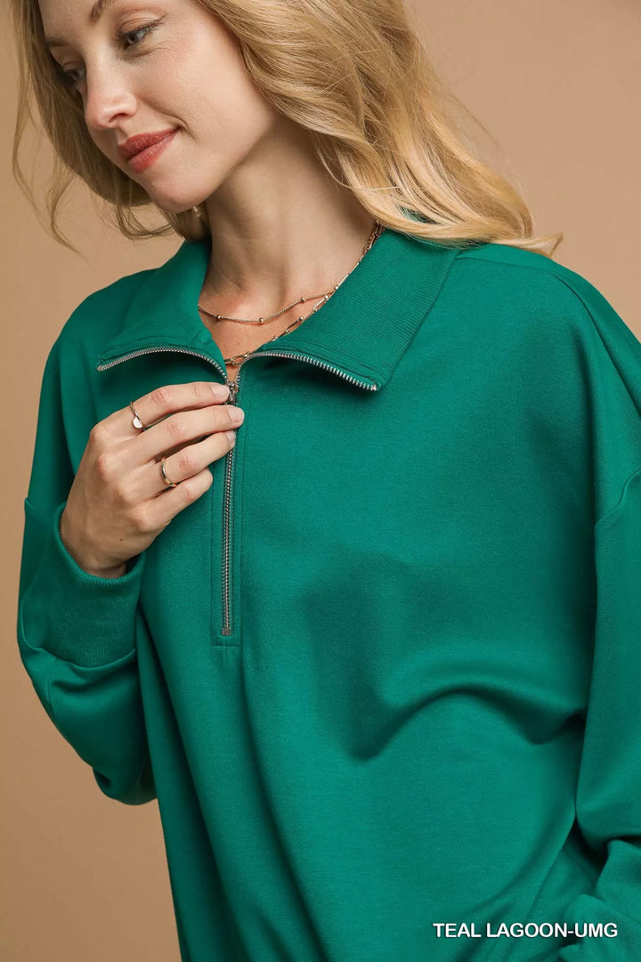 Umgee Half Zip Drop Shoulder Sweatshirt | Sweatshirts Daverri Fashions