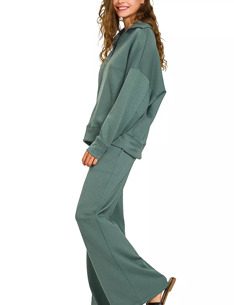 Zenana Scuba Collared Pullover and Pants Set | Daverri Fashions