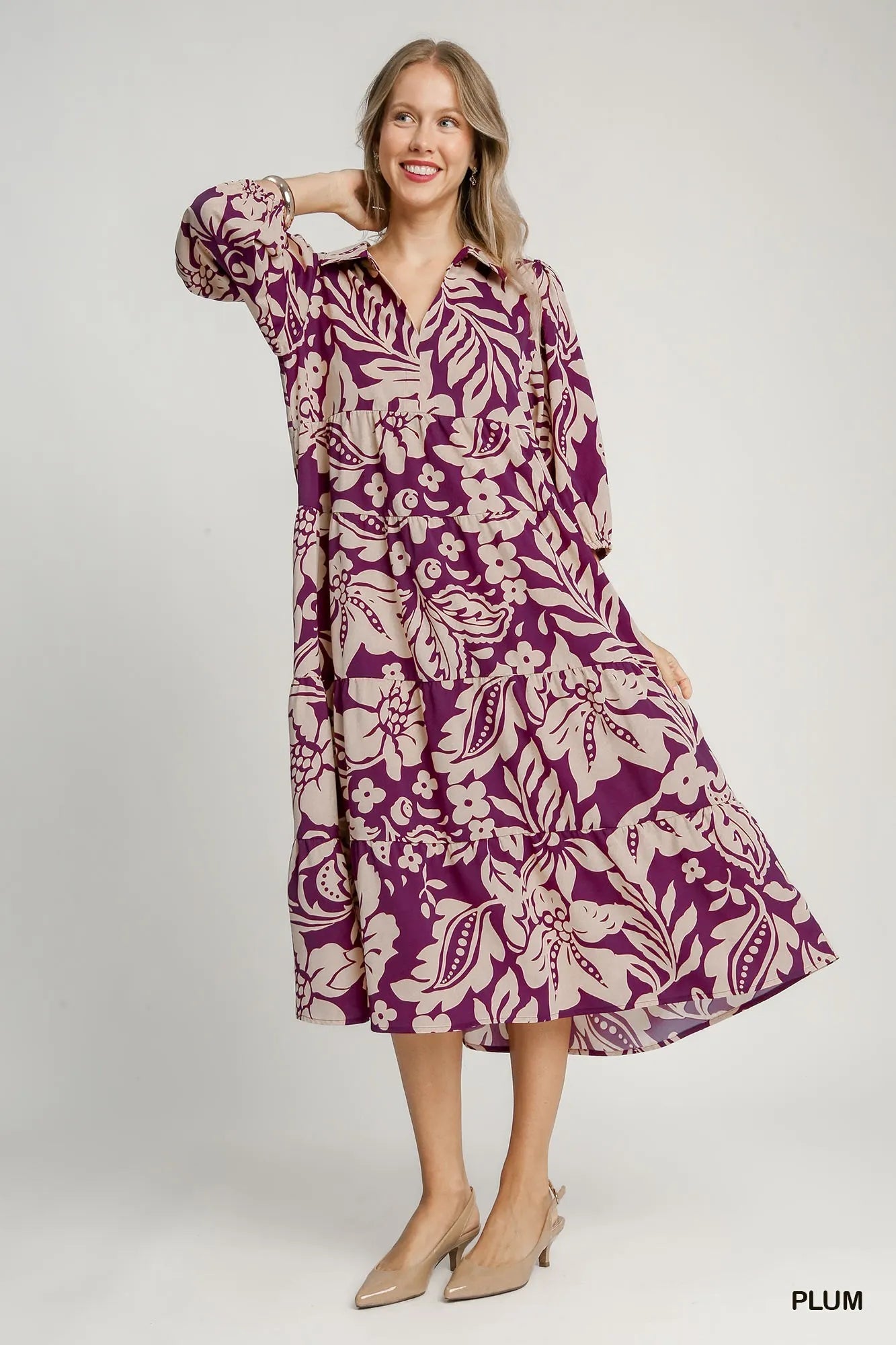 Umgee Floral Print Tiered Midi Dress PLUM Midi Dresses