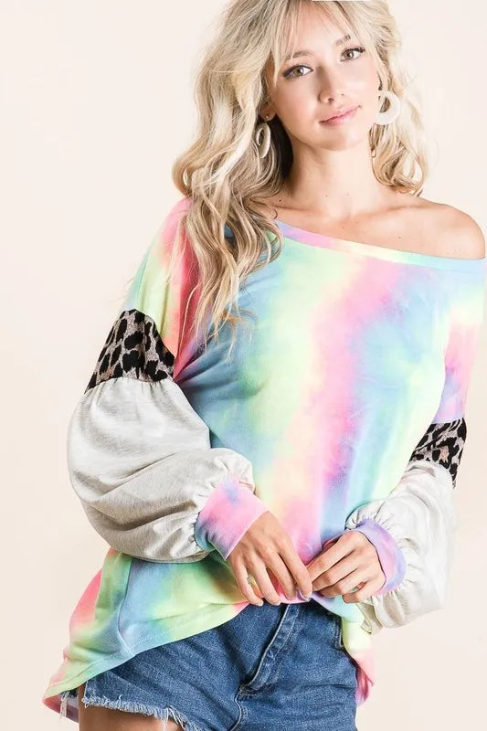 BiBi Tie Dye Terry Top with Contrast Puff Sleeves