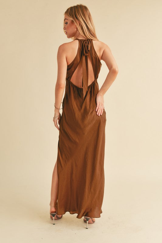 Aemi + Co Brown Ruched Side Slit Cutout Back Maxi Cami Dress Cami Dresses