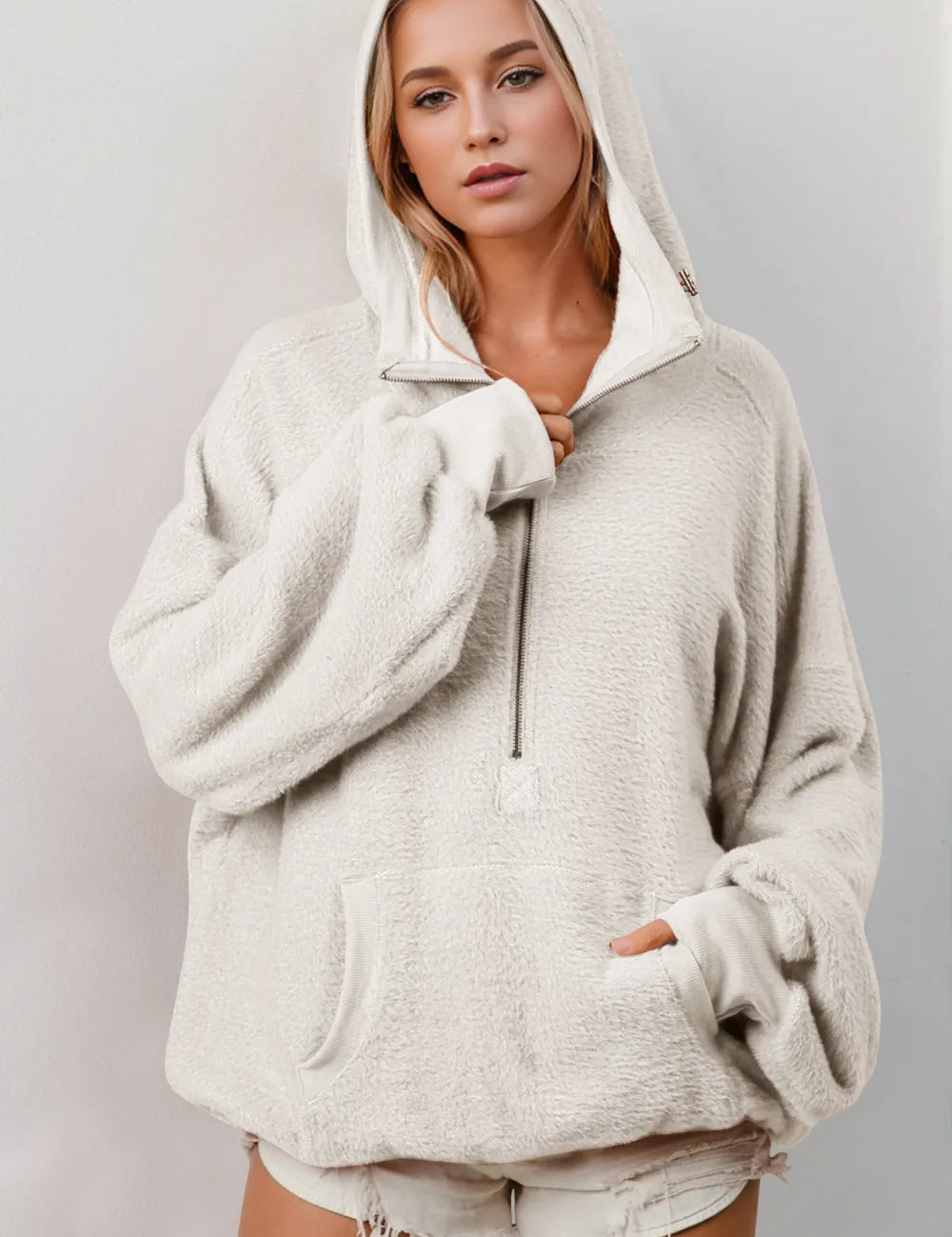 Beige Double Take Full Size Half Zip Long Sleeve Hoodie with Kangaroo Pocket | Hoodies Daverri Fashions