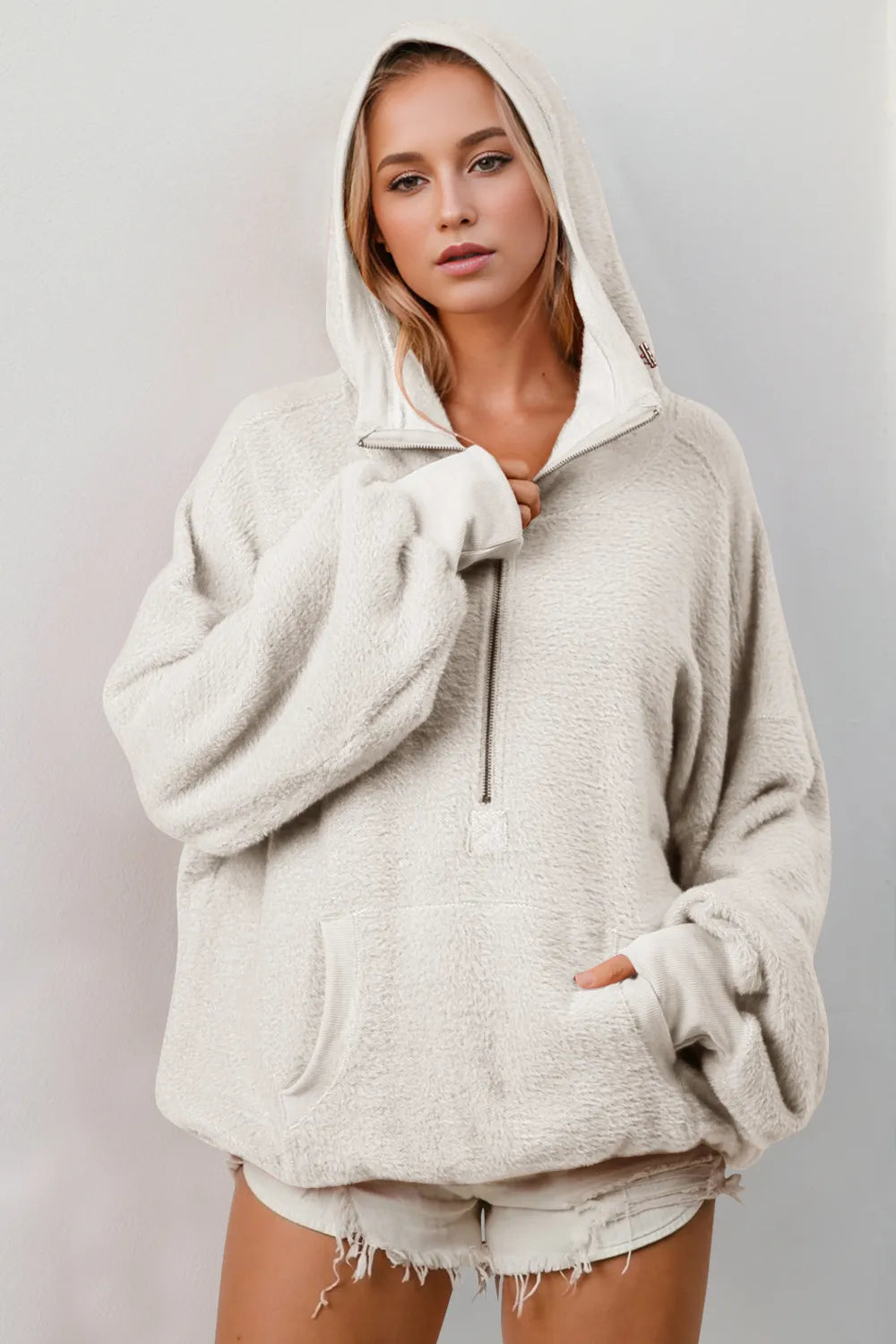 Beige Double Take Full Size Half Zip Long Sleeve Hoodie with Kangaroo Pocket | Hoodies Daverri Fashions